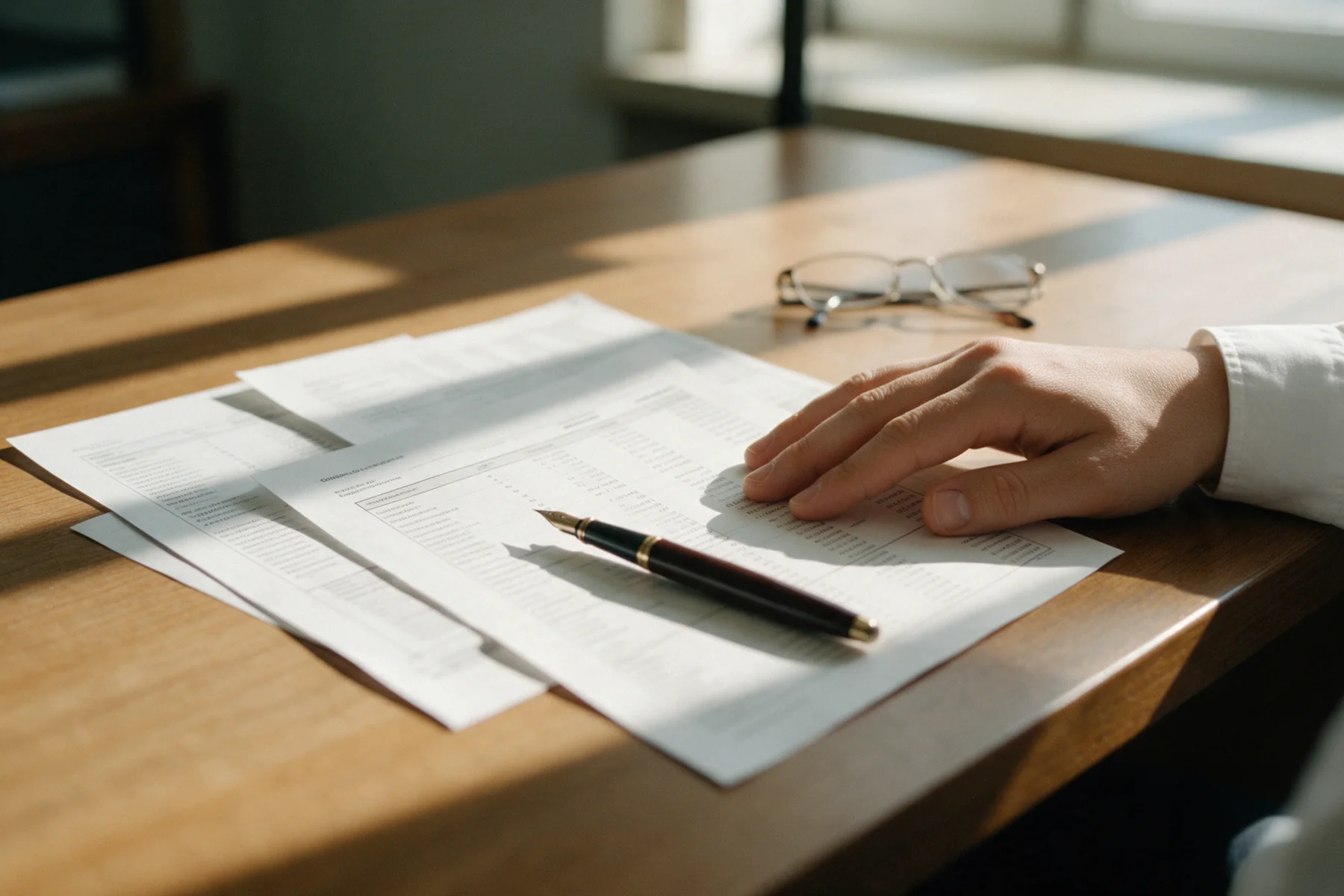 Printed statement pages on a wooden desk with a fountain pen, folded glasses and a hand resting on the top sheet