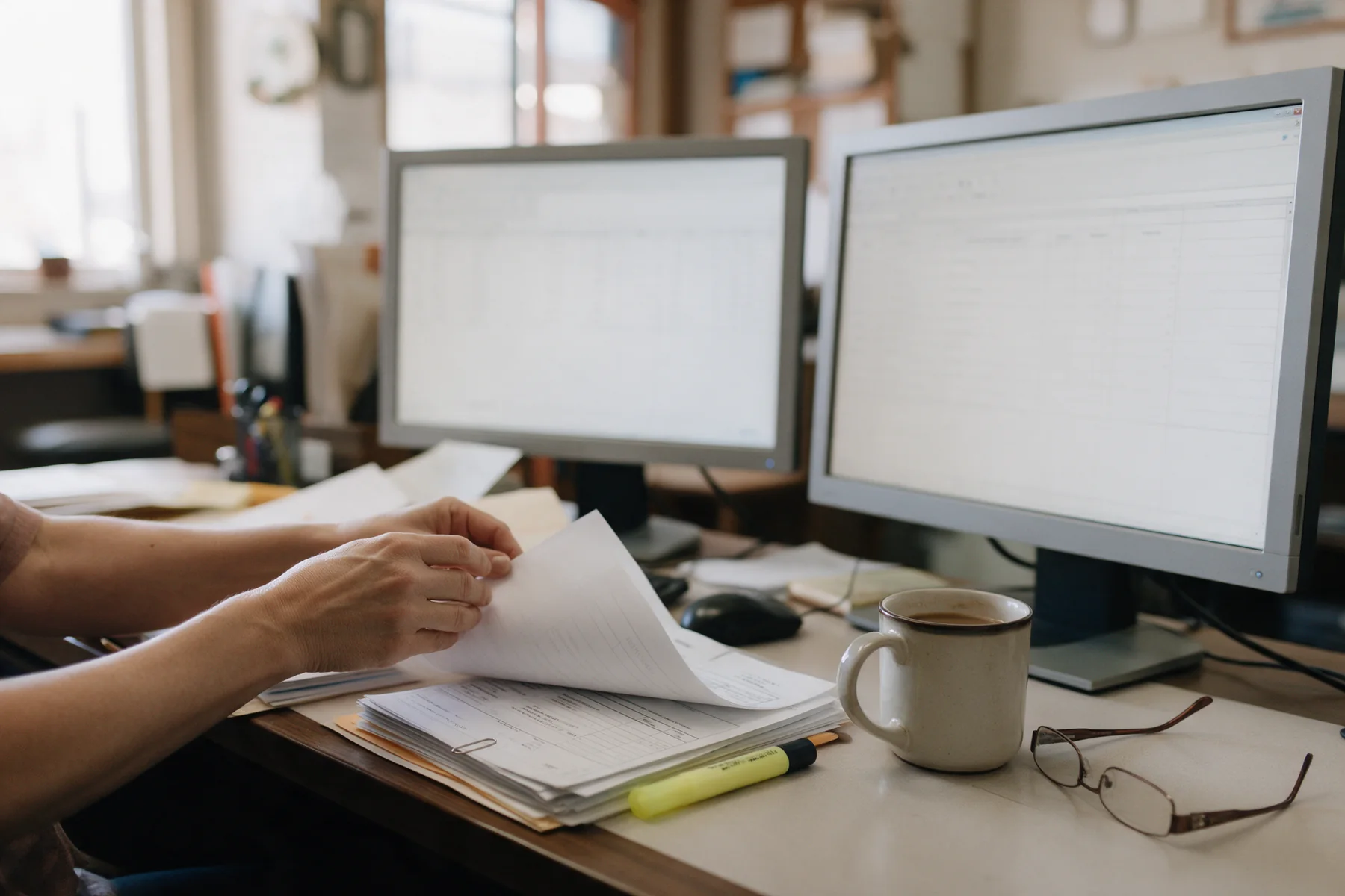 A person at a desk turning the pages of a printed entry packet, two monitors with data tables behind