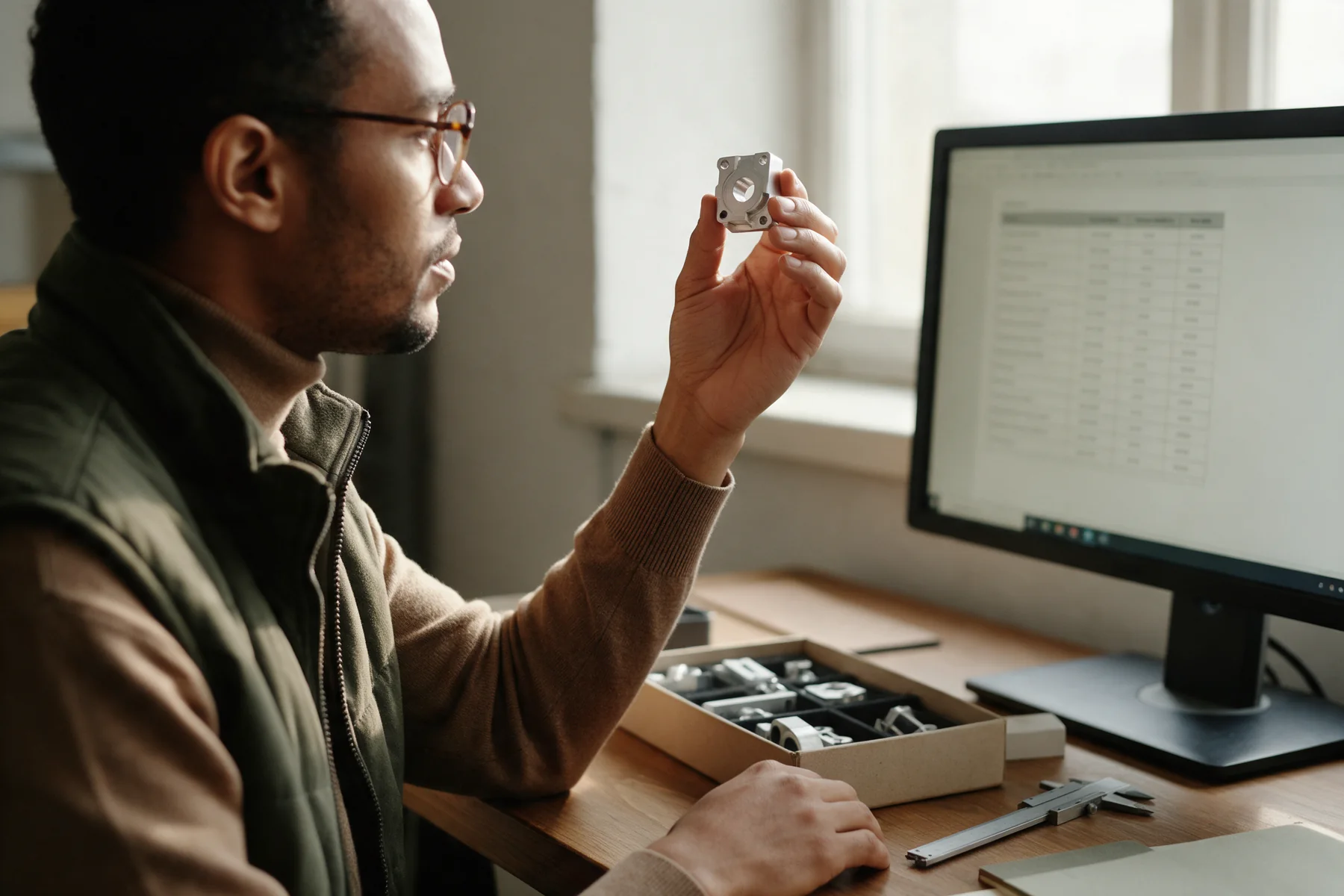 A person holding a small machined part up to the light beside a monitor showing a reference table