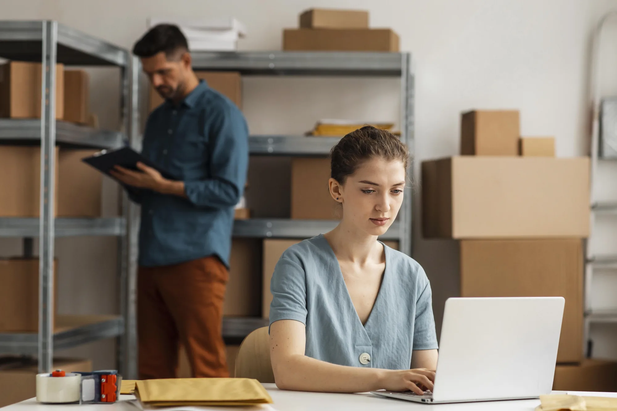 A woman at a laptop on a plain desk in a small stockroom, a colleague behind her checking a clipboard by the shelves of cartons