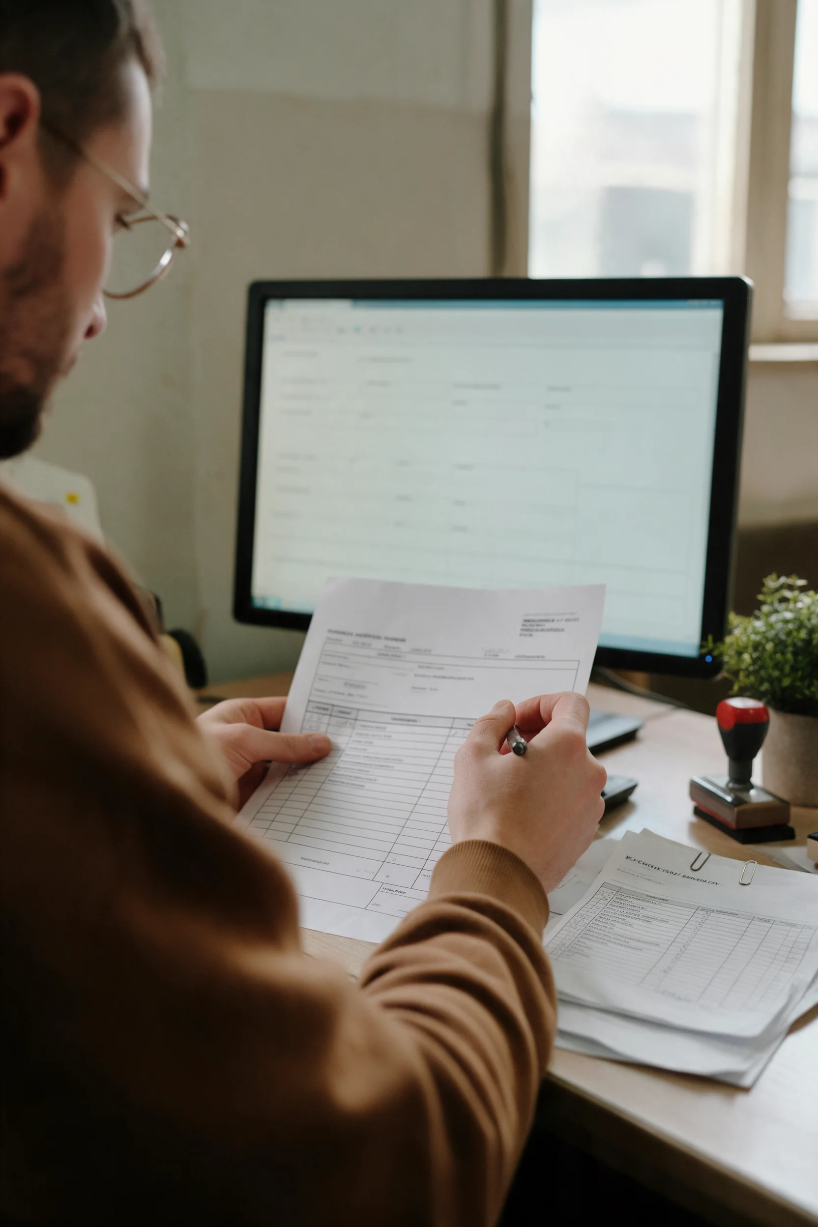 A person at a desk checking a printed invoice against a screen, pen in hand