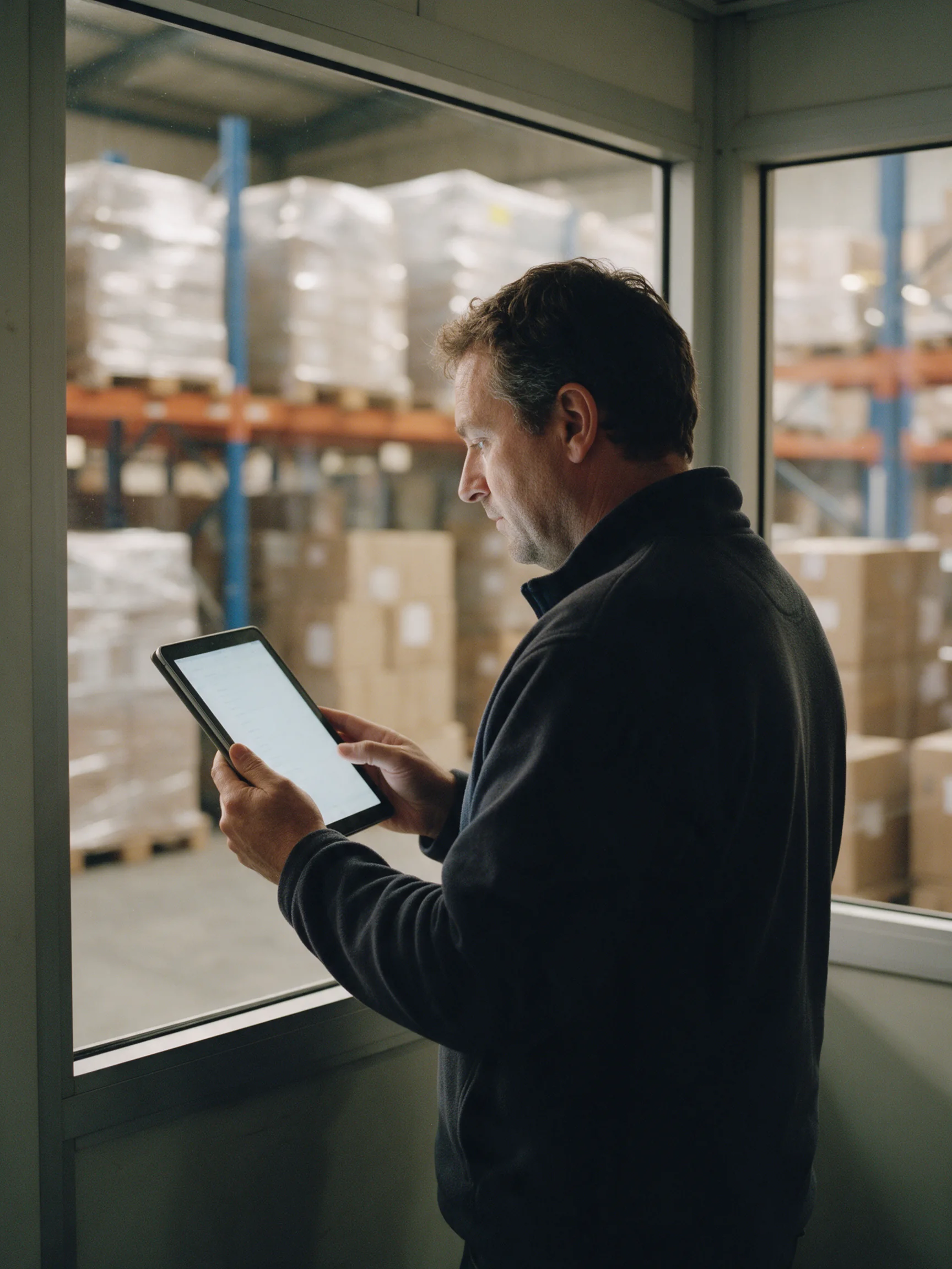 A person reading a tablet in a glass-walled office inside a warehouse, racks of pallets behind