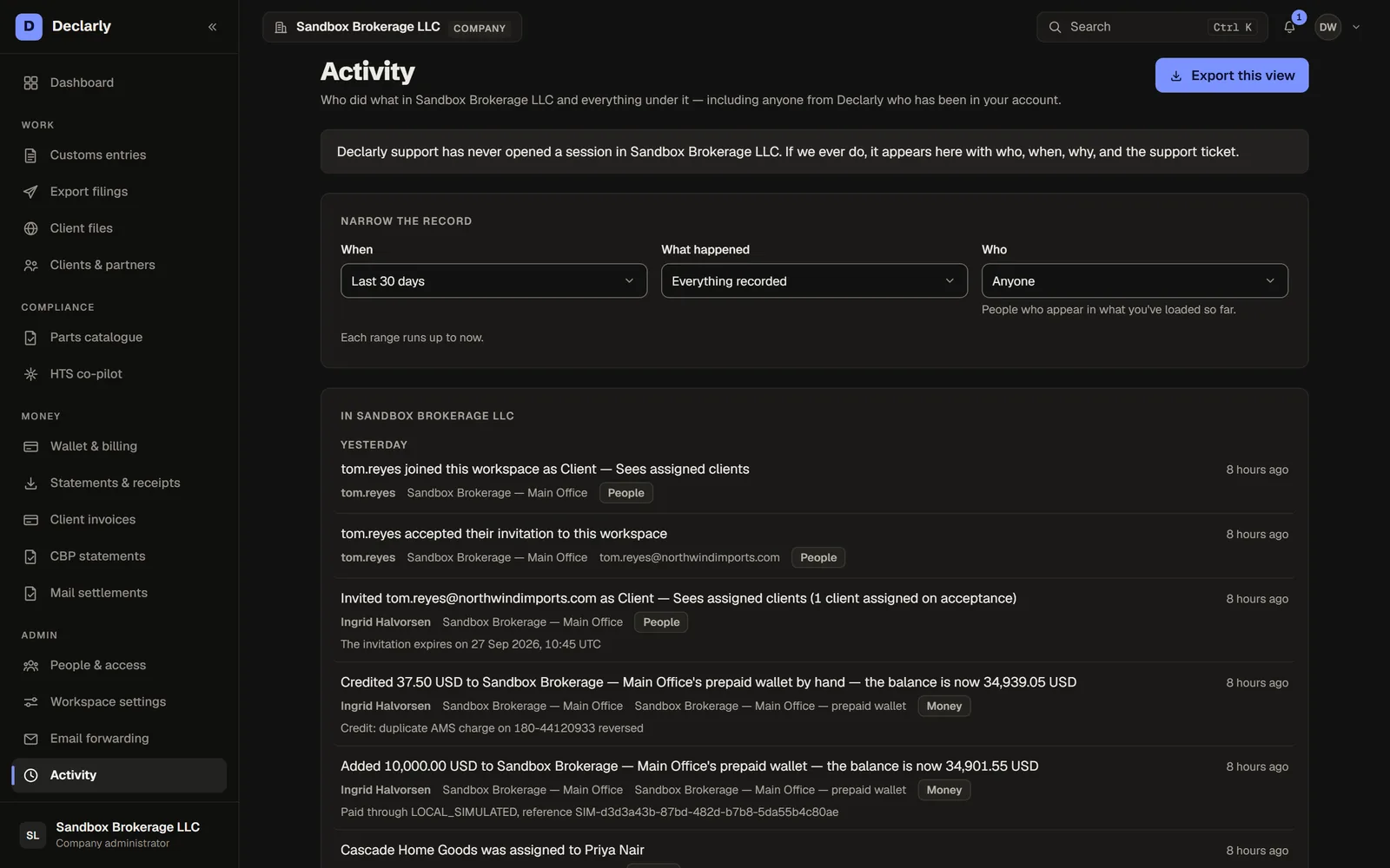 Activity & audit in Declarly, dark theme — Every action, by everyone, including support — append-only.