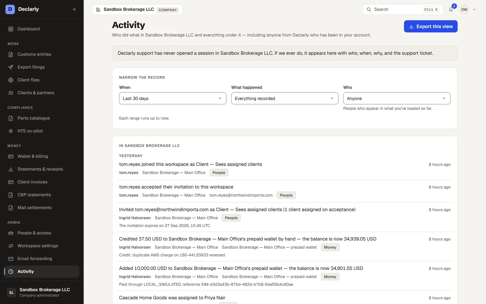 Activity log filtered to the last thirty days, showing people and money events with the person, the workspace and the time
