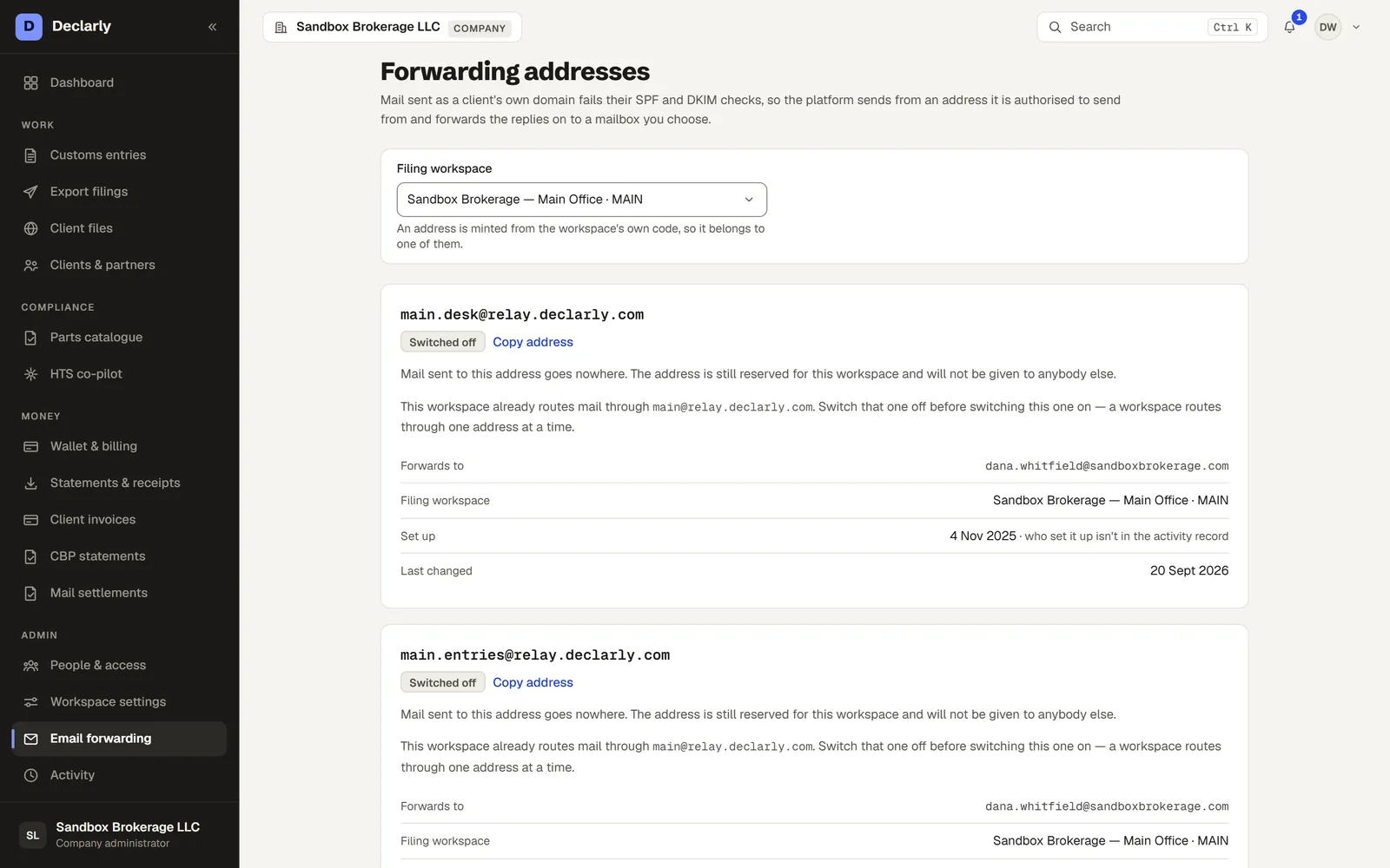 Email forwarding in Declarly — A forwarding address per workspace, so client mail lands on the right desk.