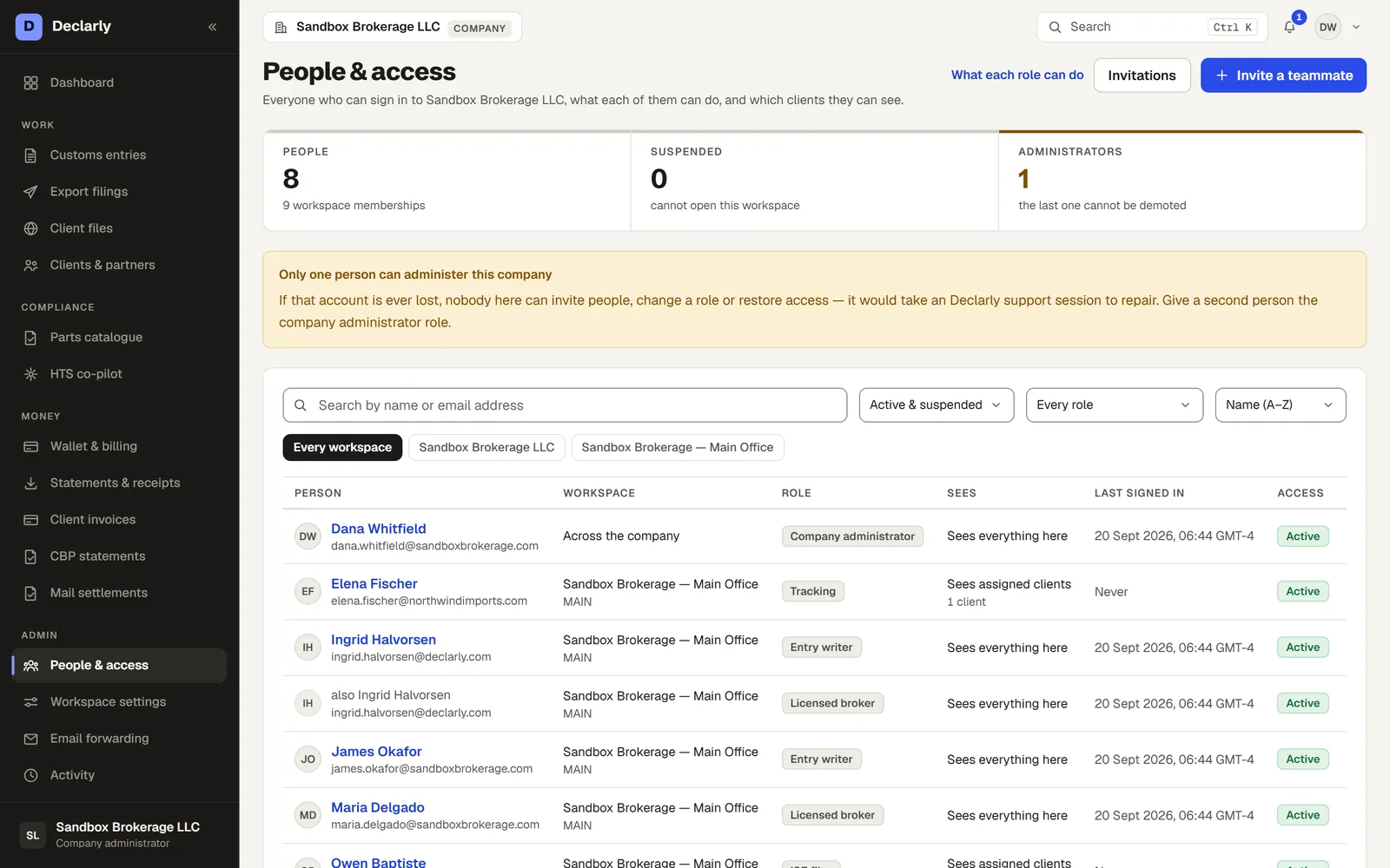 People & access: everyone who can sign in to the brokerage, their role, which clients they can see and when they last signed in
