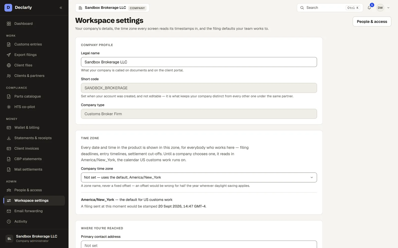 Workspace settings in Declarly — The workspace's calendar, contacts and preferences, in one place.