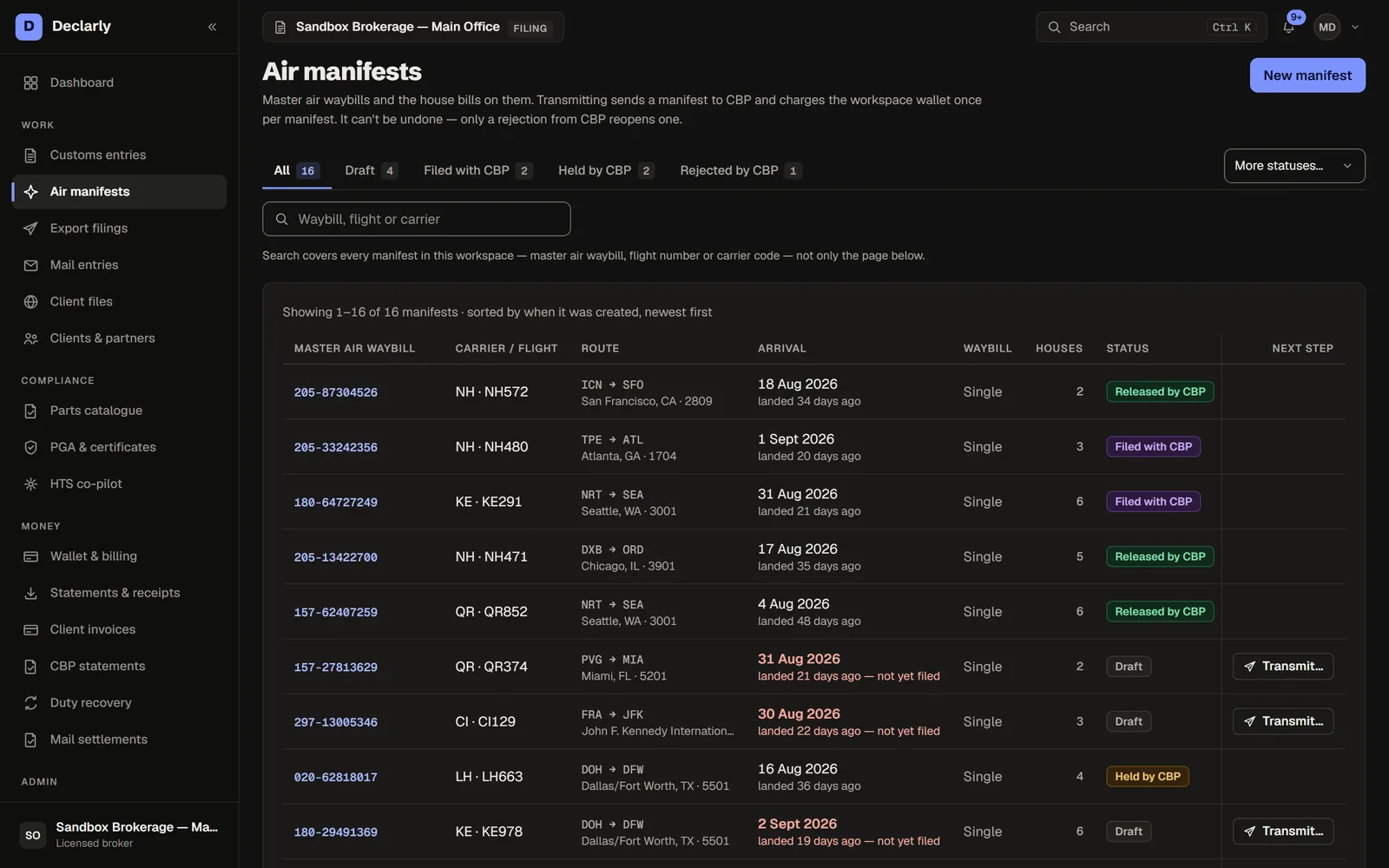 Air manifests in Declarly, dark theme — AMS air manifests and house bills, prepared, screened and approved from the same desk.