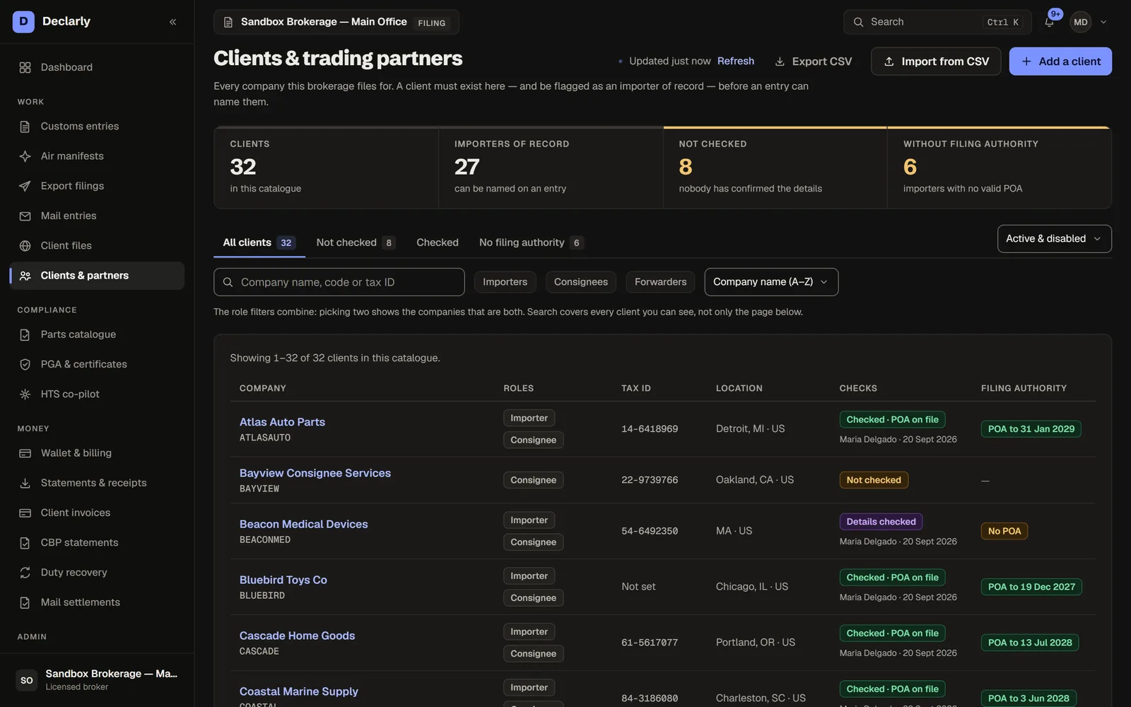 Clients & partners in Declarly, dark theme — Every importer, forwarder and partner on one register, with onboarding tracked.