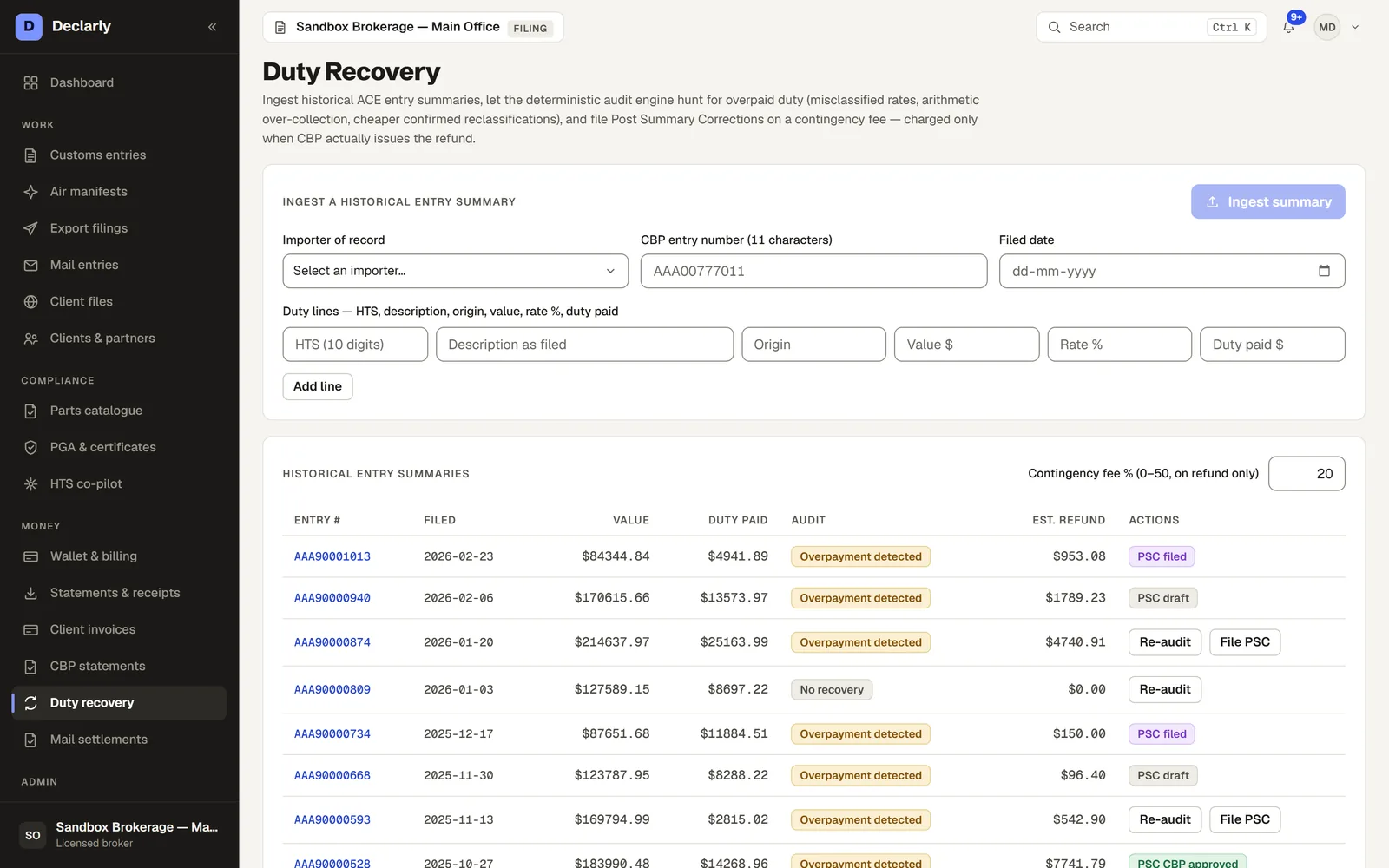 Duty recovery in Declarly — Find overpayments across the book and prepare the corrections that bring the money back.