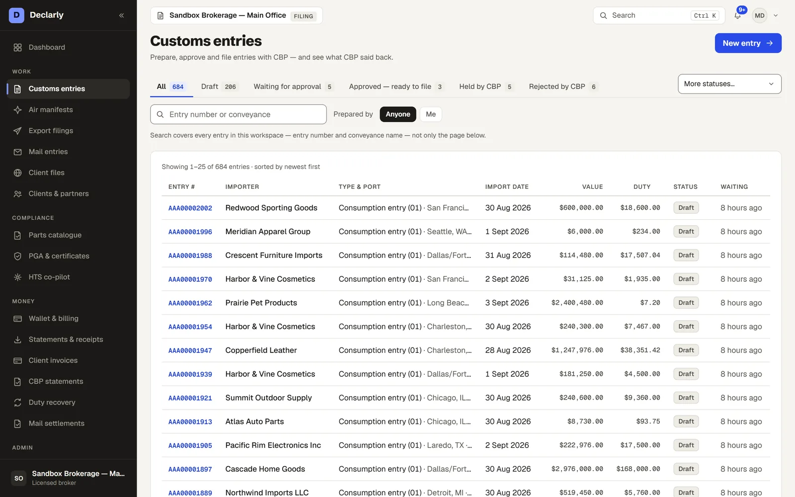 Customs entries in Declarly — Draft, approve, release — with the CBP 7501 summary built in.