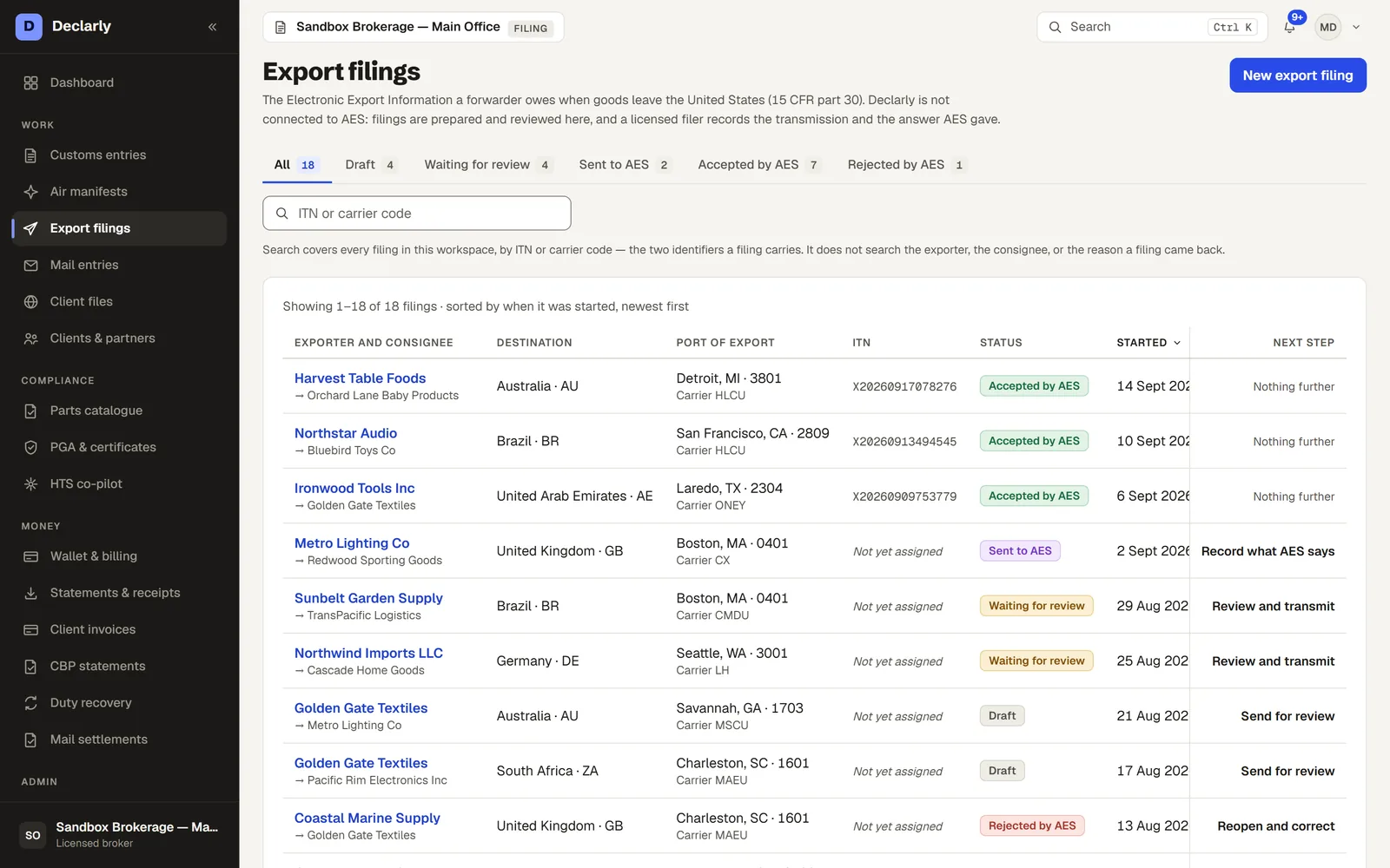 Export filings in Declarly — Electronic Export Information, prepared line by line and recorded on acceptance.