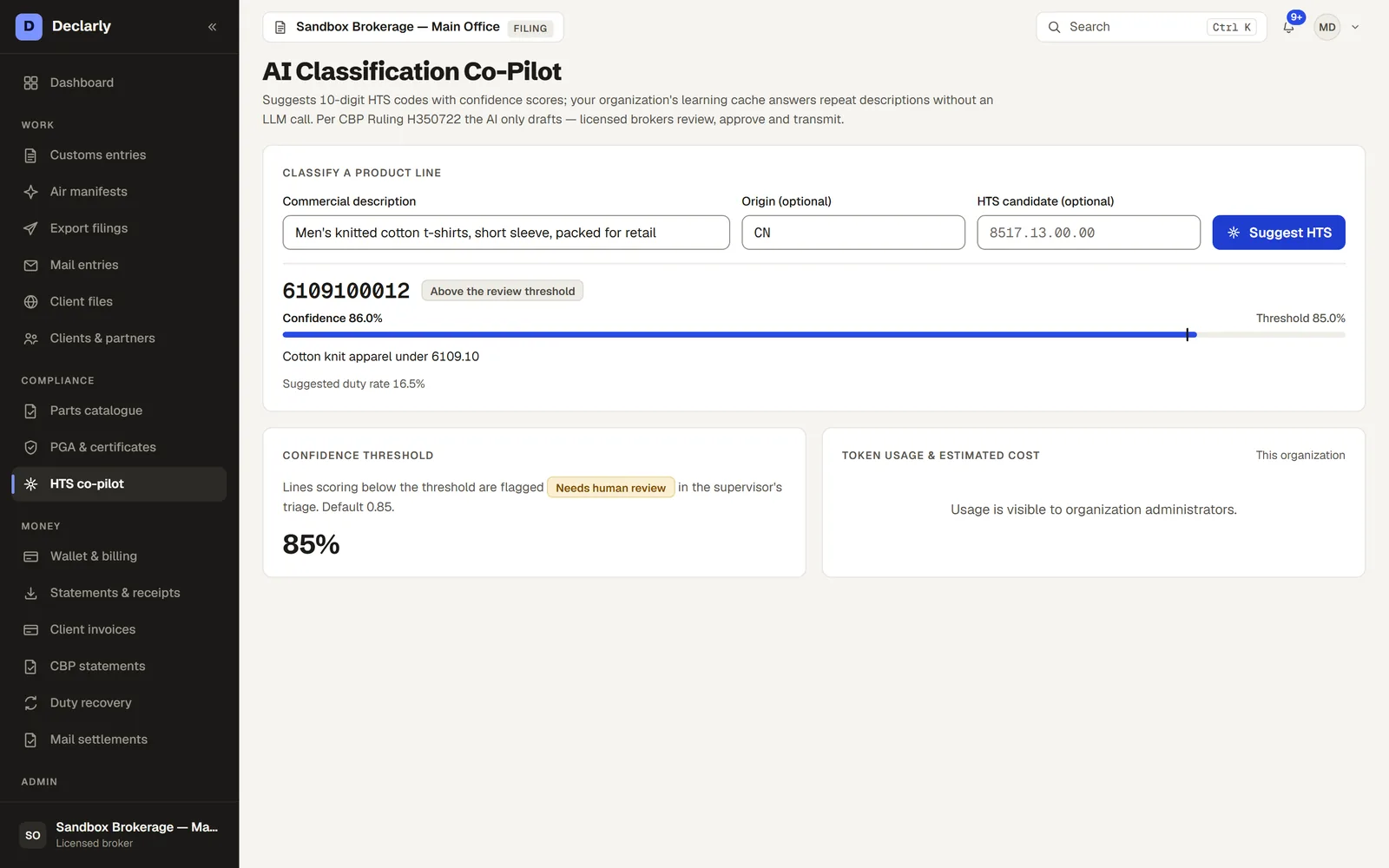 The HTS co-pilot with a classification suggestion at 86% confidence, above the company's 85% threshold, and the suggested duty rate