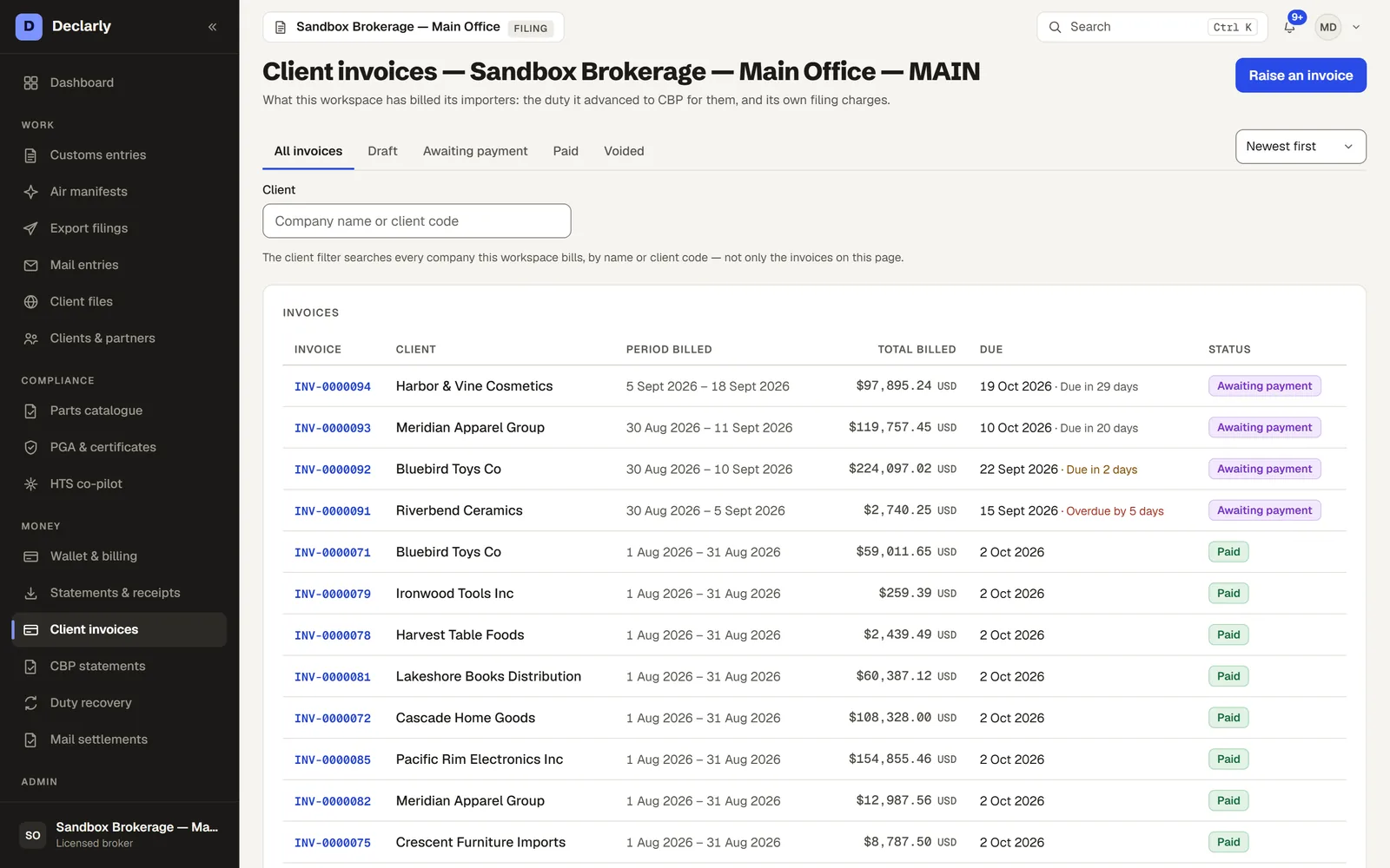 Client invoices in Declarly with due, overdue and paid standings and a payment link on each