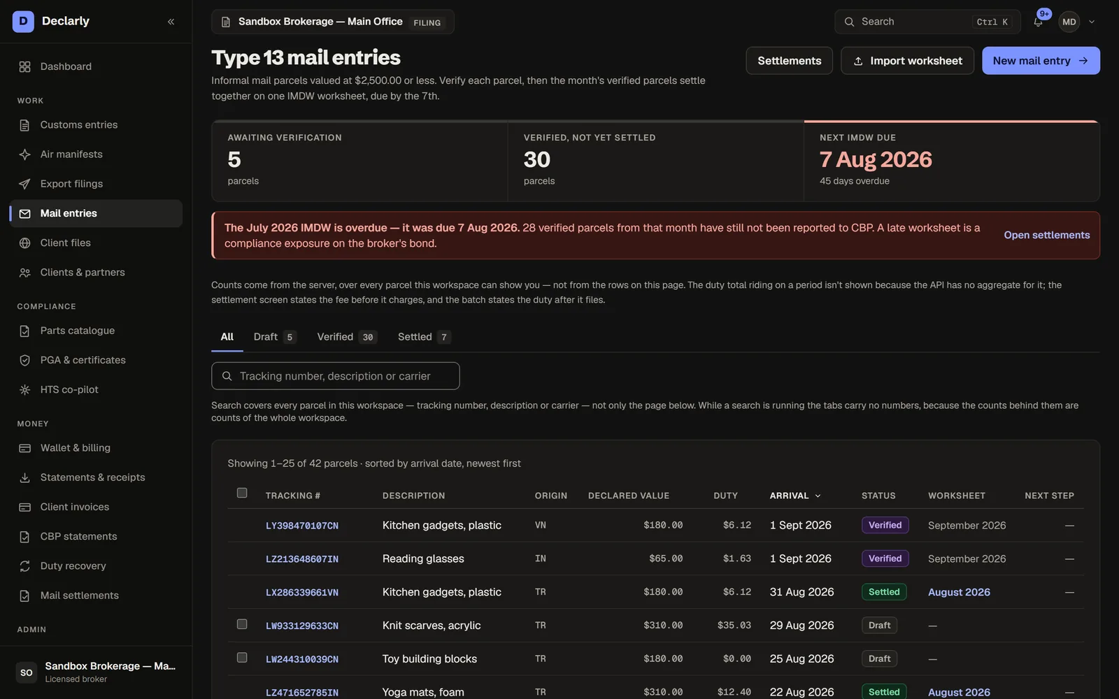 Mail entries in Declarly, dark theme — Type 13 informal mail entries, collected through the day and verified by the desk.