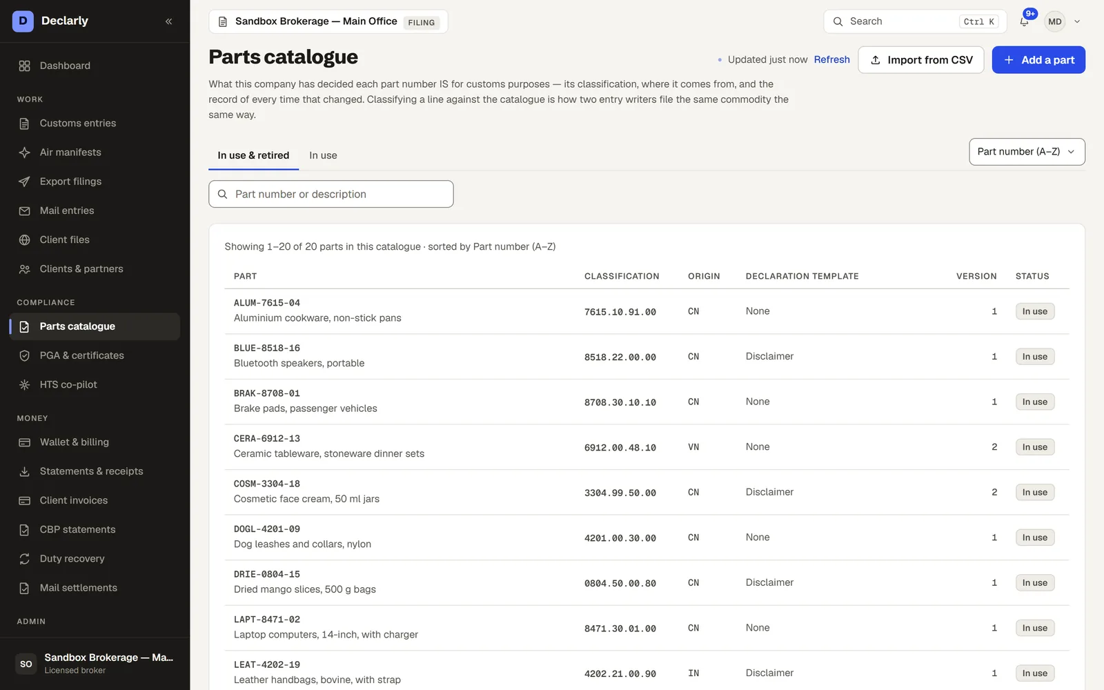 Parts catalogue in Declarly — Classify once, file a thousand times, and keep the record of every change.