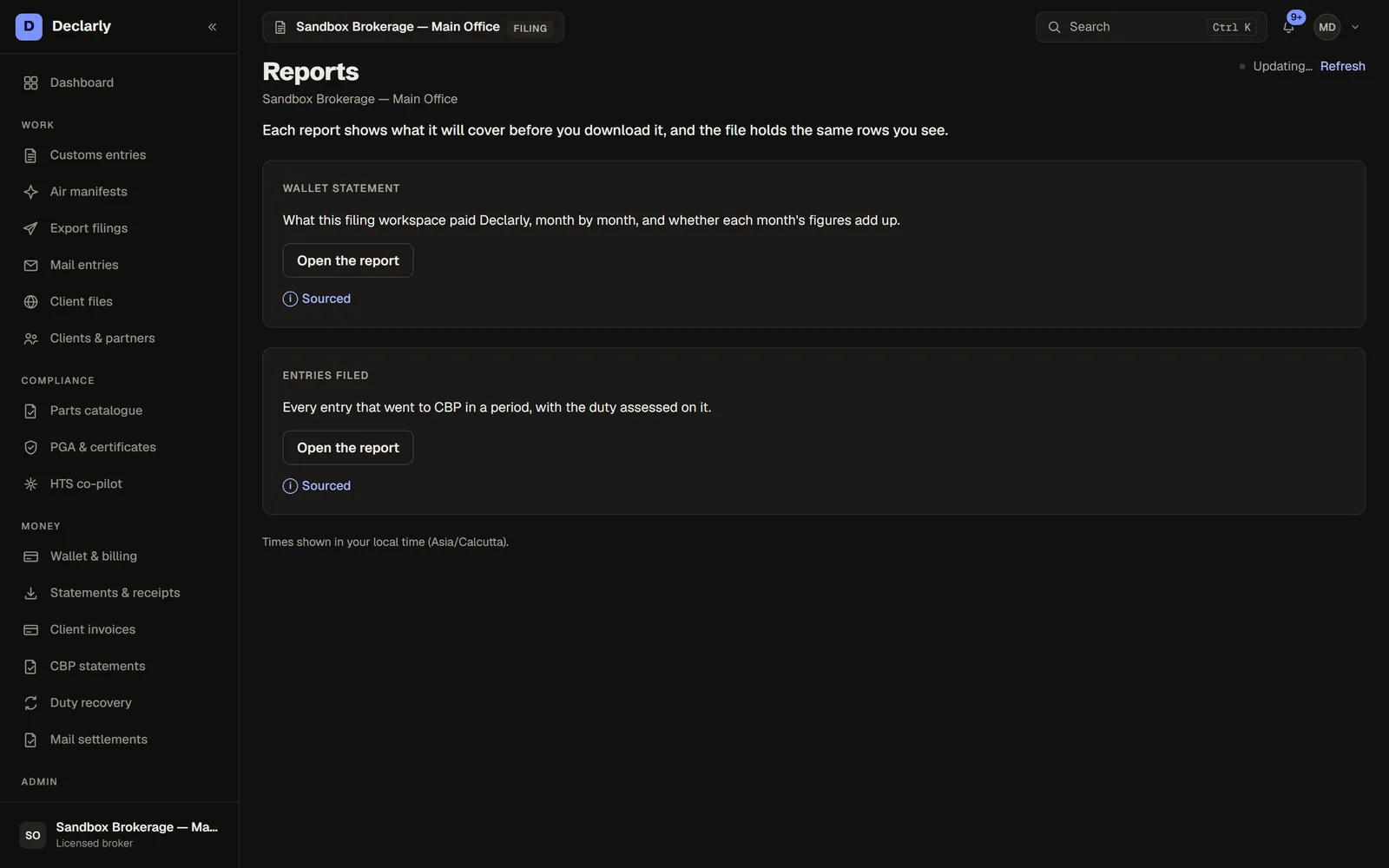 Reports in Declarly, dark theme — Entries filed, wallet statements, filing activity and the tenancy register — each with its sources named.