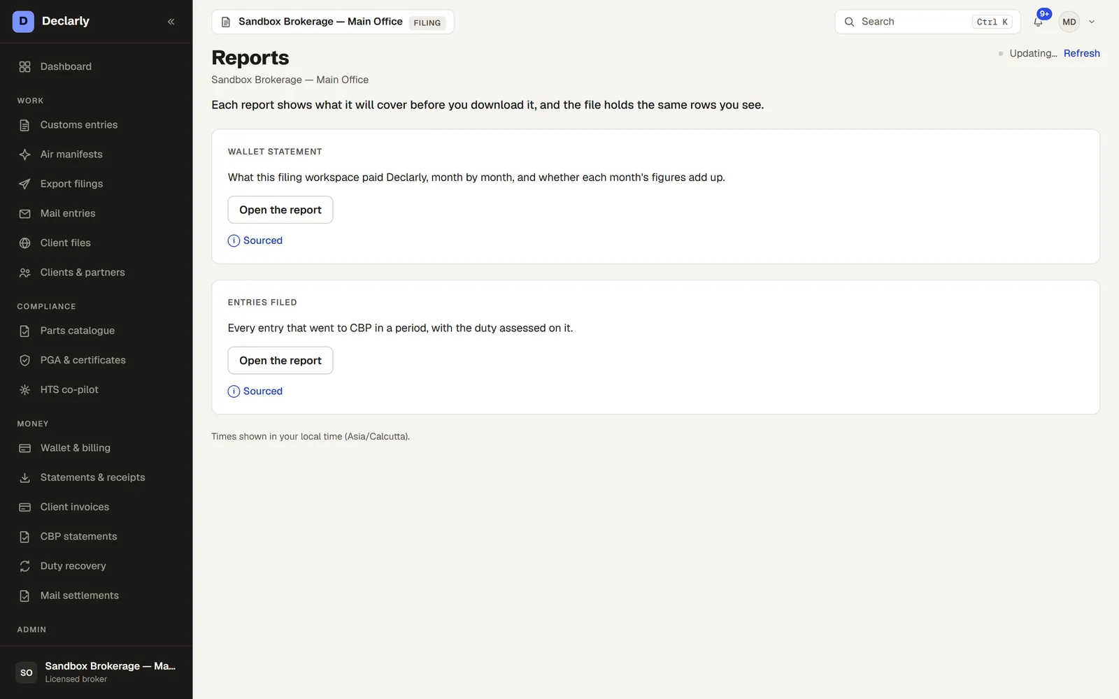 Reports for a filing workspace: wallet statement and entries filed