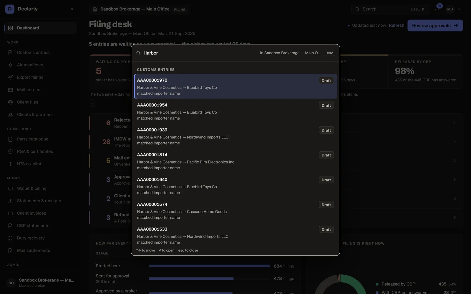 Search & notifications in Declarly, dark theme — Find any entry, client or file from the keyboard; hear about what changed.