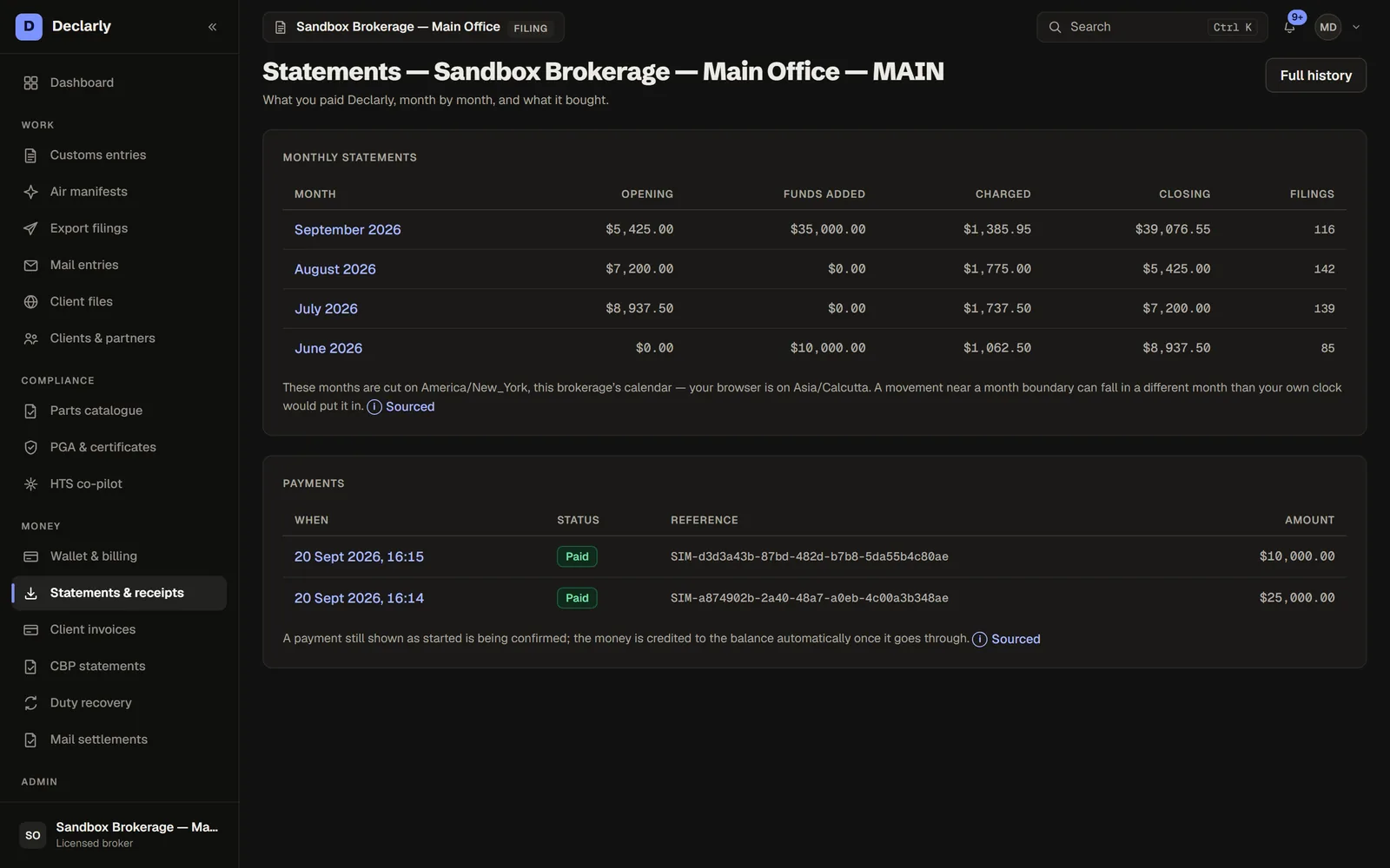 Statements & receipts in Declarly, dark theme — What the workspace paid, month by month, and what it bought.
