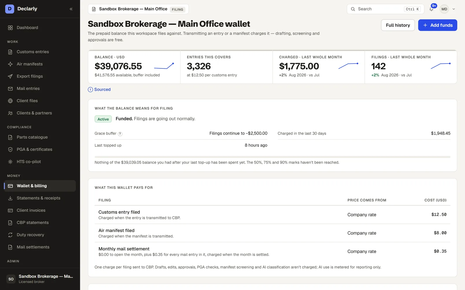 Wallet & billing in Declarly — A prepaid filing wallet with a grace buffer, refills and a full ledger.