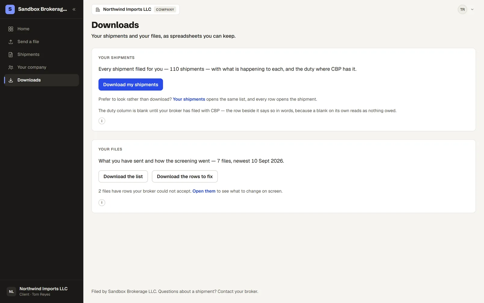 The importer portal downloads screen with shipments and files as spreadsheets