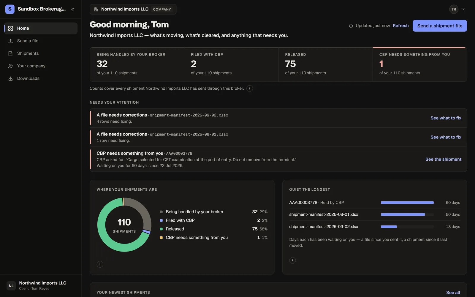 Importer portal in Declarly, dark theme — Your clients see their shipments, their files and their invoices — and nothing of yours.