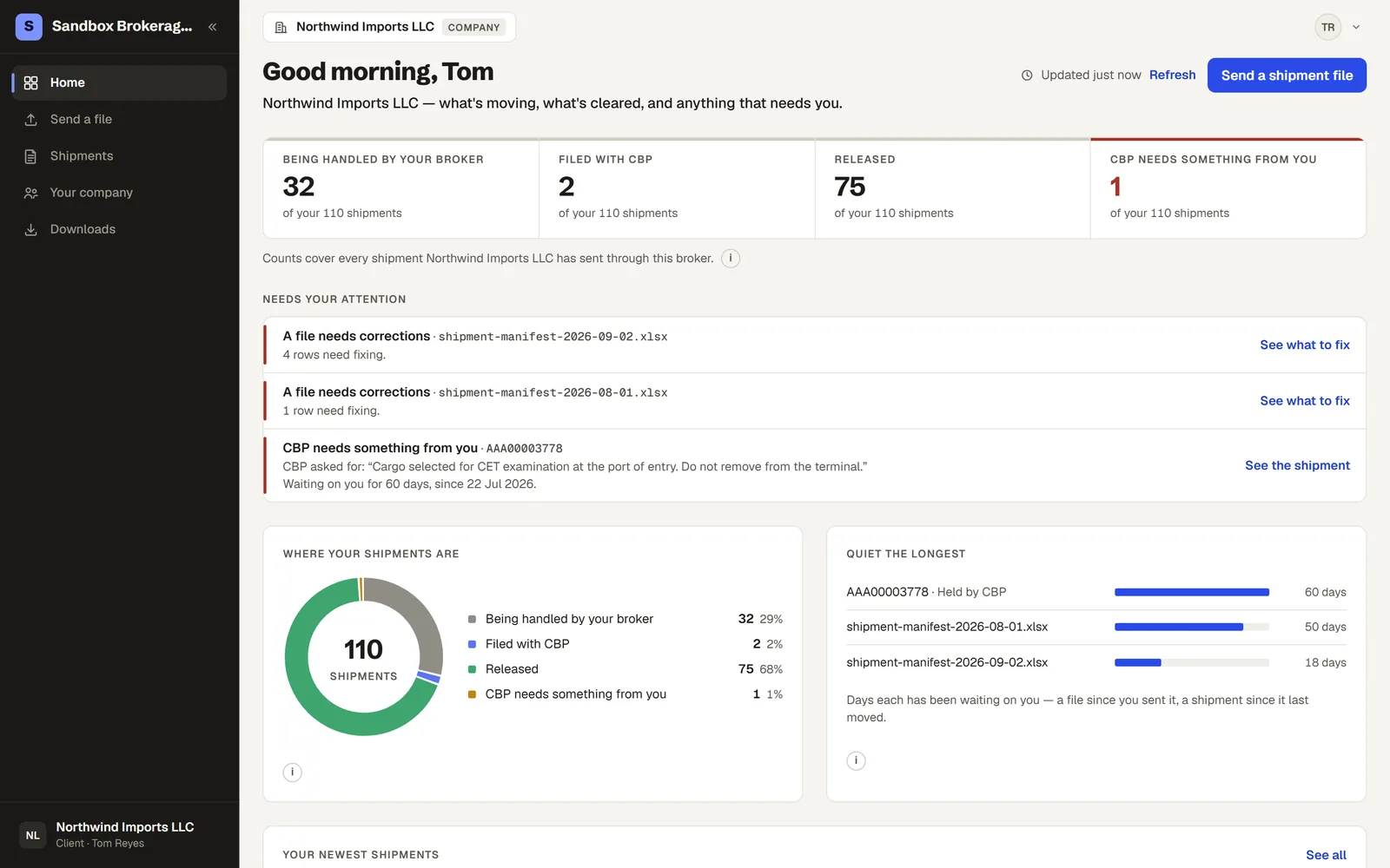 The importer portal home: what needs attention, shipments in progress, files sent