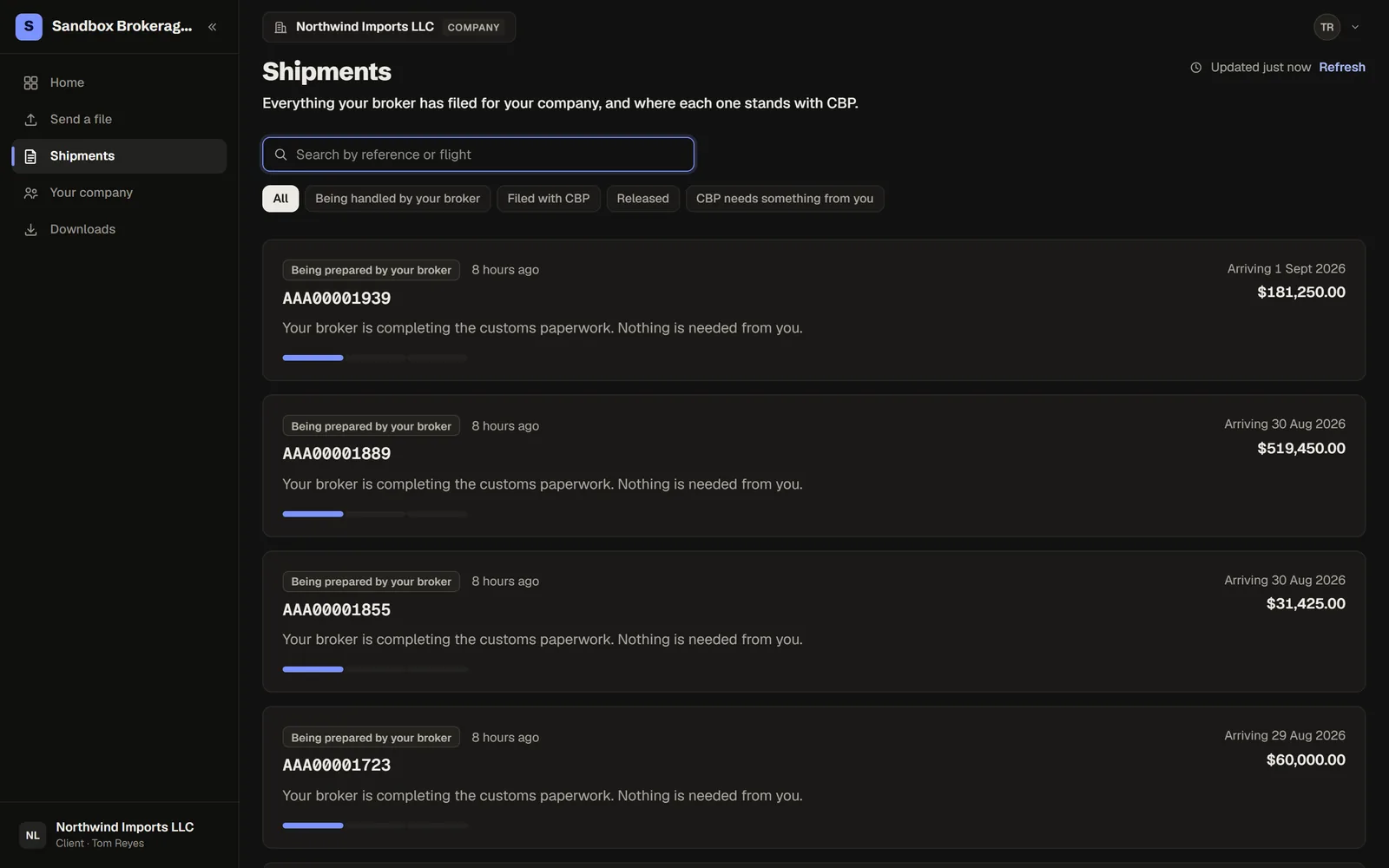 The importer portal shipments list in the dark theme, with CBP status per shipment