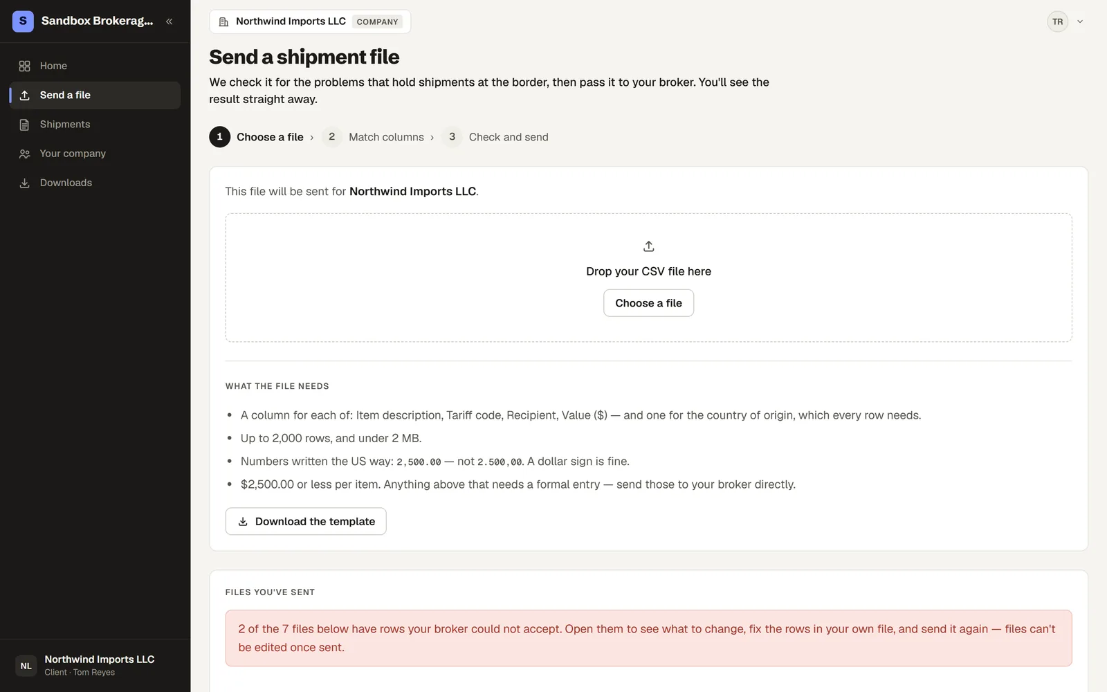 The importer portal upload screen for sending a shipment file