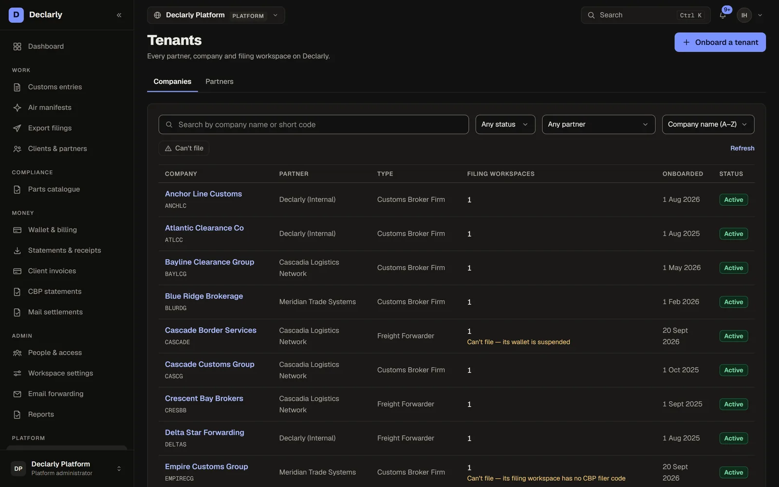 The platform tenants register in the dark theme: companies with their partner, type, filing workspaces and status