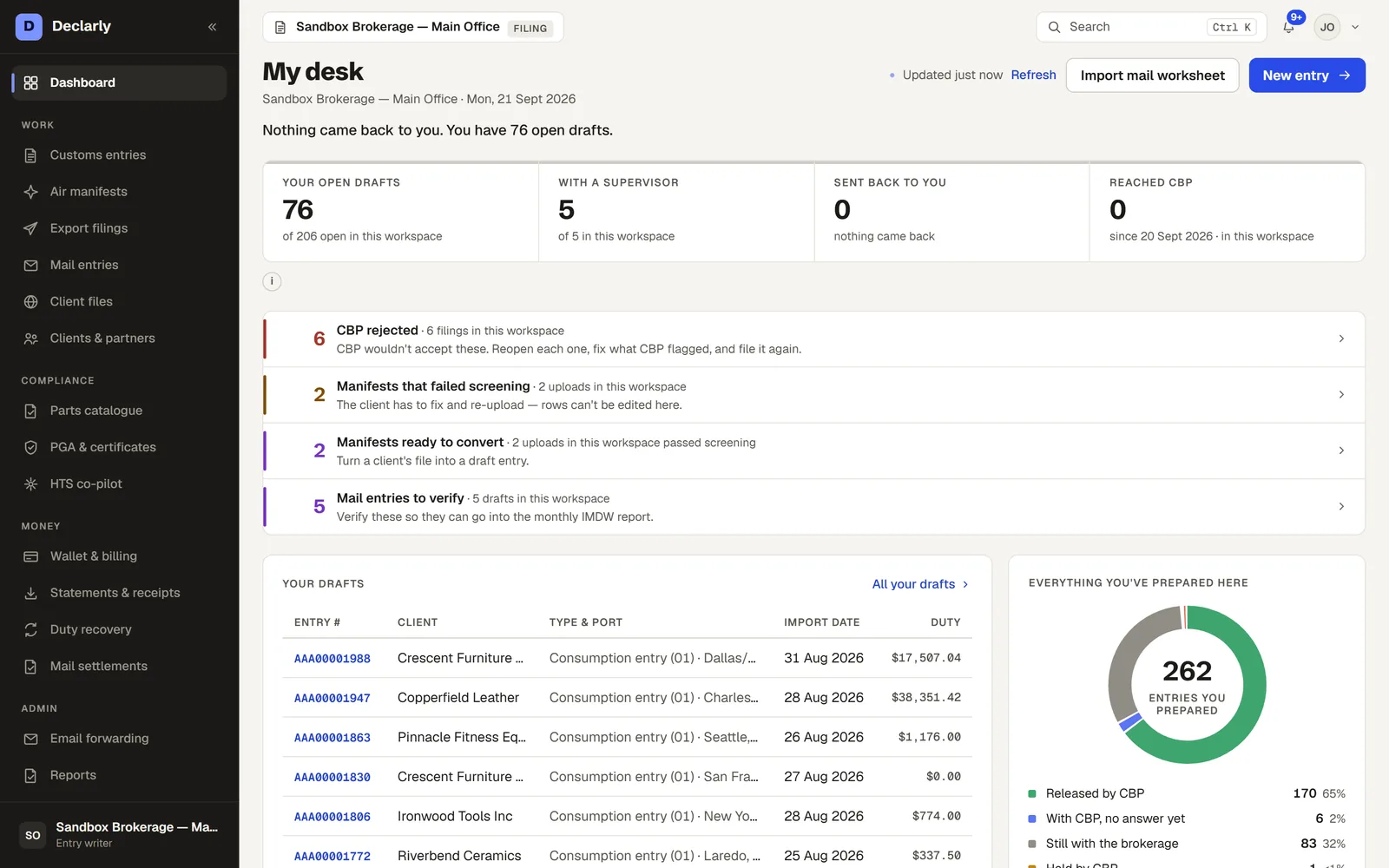 An entry writer's desk in Declarly: drafts, entries with a supervisor, what came back, and the working-rhythm calendar